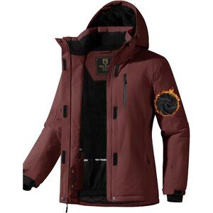 Women's Wine Red Waterproof Hood Ski Snow Jacket Fuzzy Fleece Lined Winter Warm